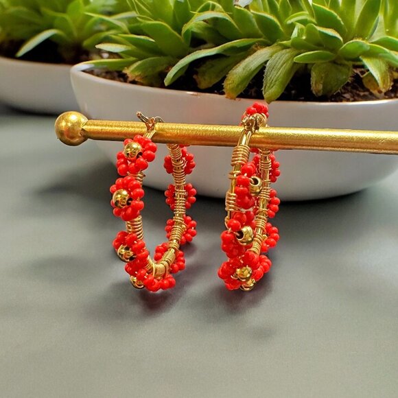 Red Flower Shape Hoop Earrings Gift for Daughter Handmade Spring Beaded Jewelry - Picture 1 of 3